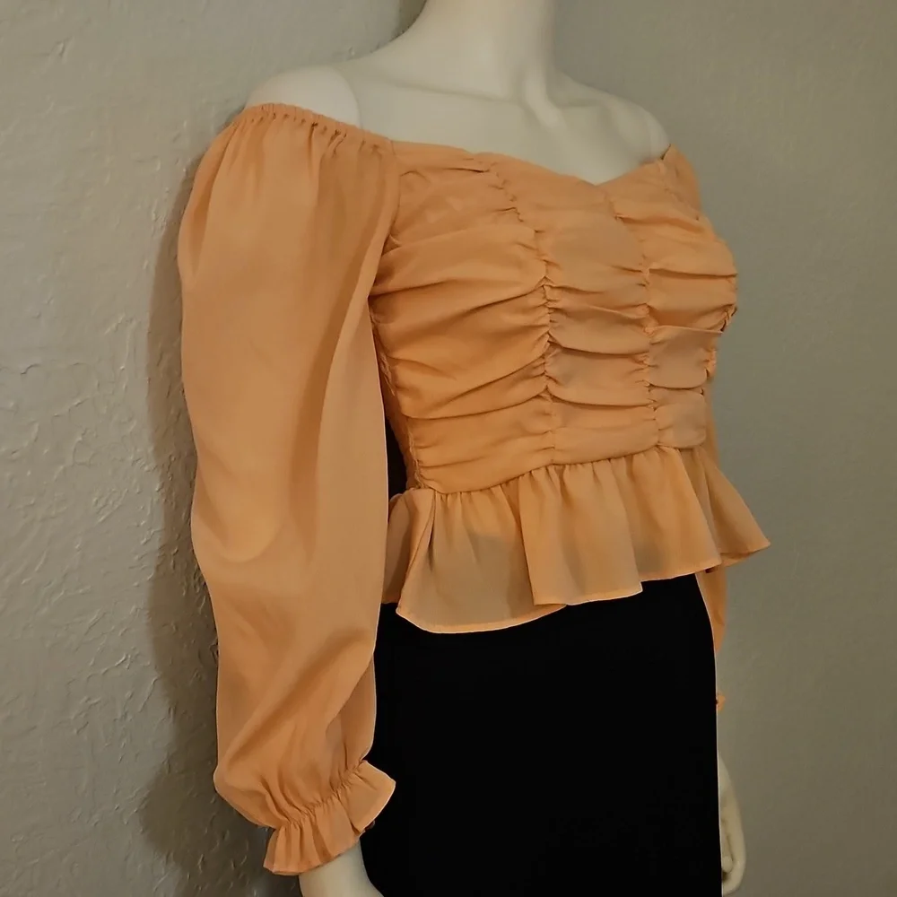 SHE & SKY Peach Off-Shoulder Ruched Peplum Ruffle Smocked Cropped Top - Picture 5 of 8